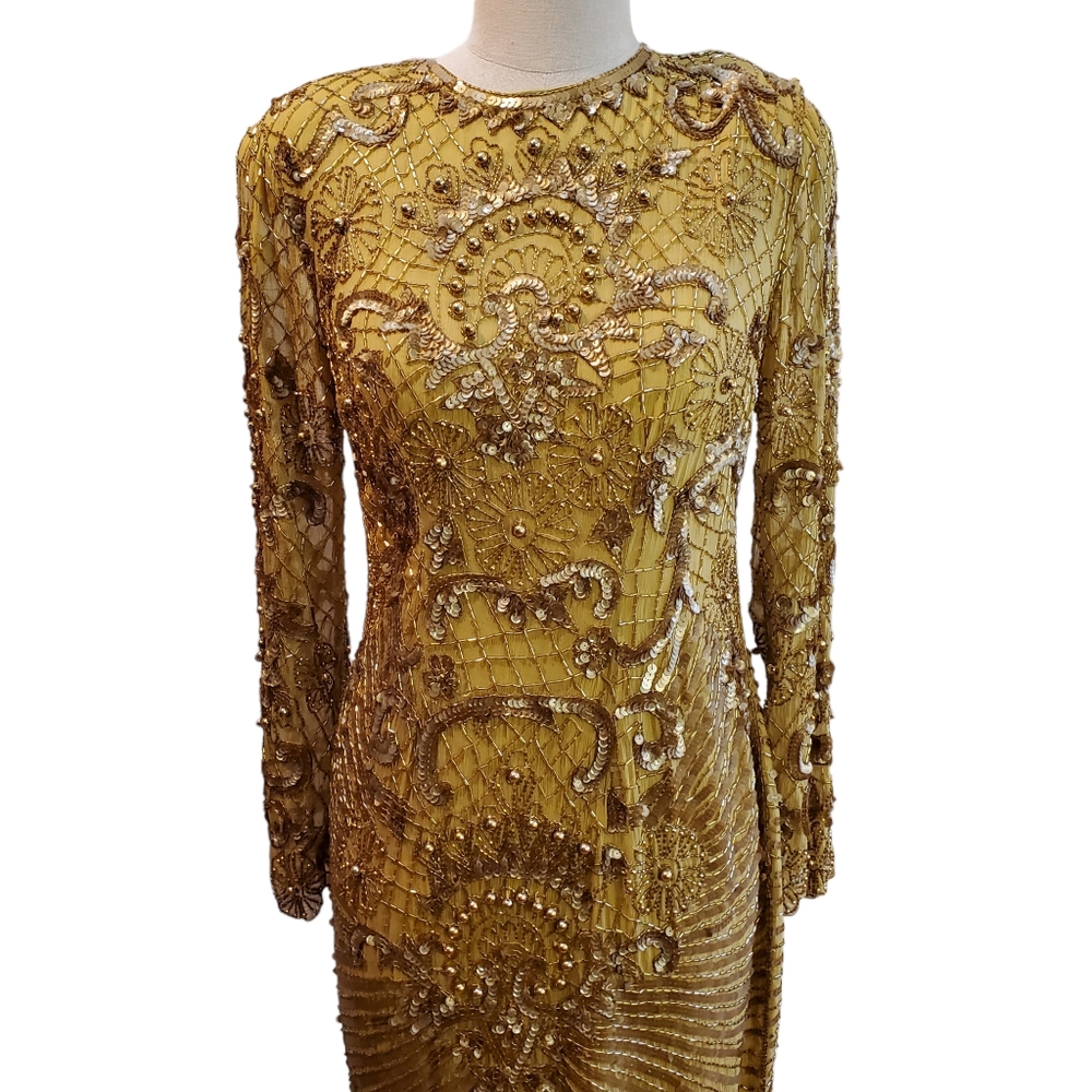 Vintage Gold Beaded Sequined Silk Long Dress Size‎ S